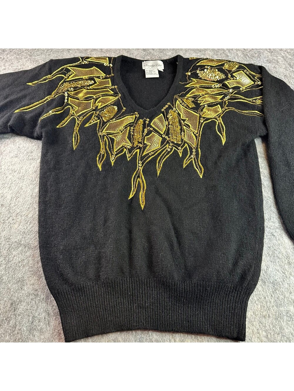 Vintage Simply Tops Black Gold Beaded Sequin V-Neck Wool Sweater Sz S (6-8)